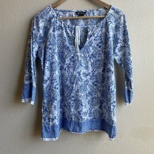 Eddie Bauer Shirt Womens Large Blue Floral Tasseled Tie Boho Blouse 3/4 Sleeve